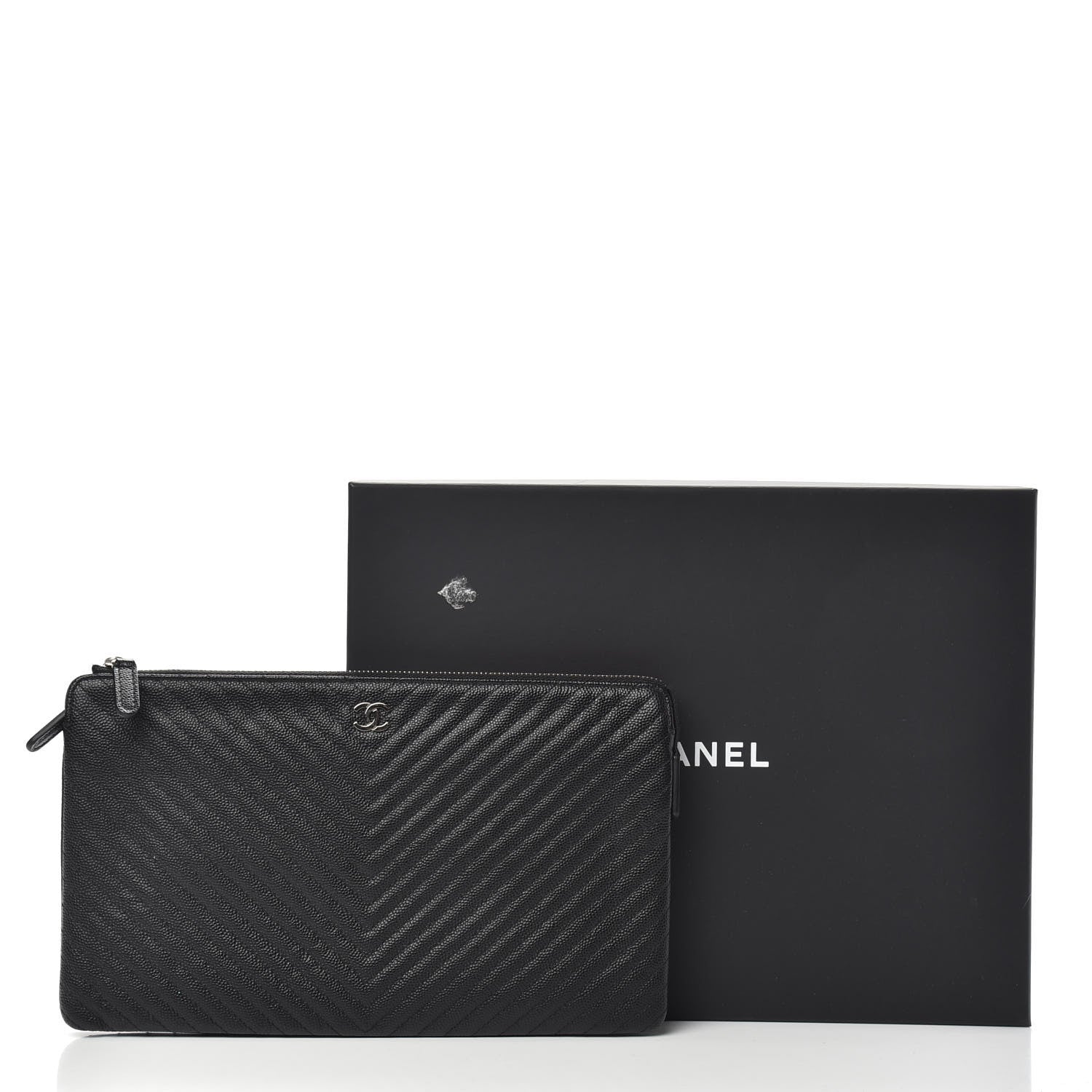 Chanel Caviar Chevron Quilted Large Zipped Clutch Black 9 of 9