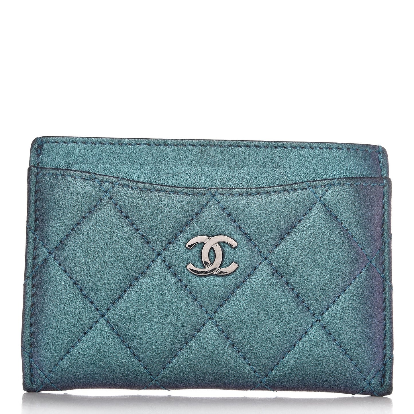 Metallic Lambskin Quilted Card Holder Turquoise
