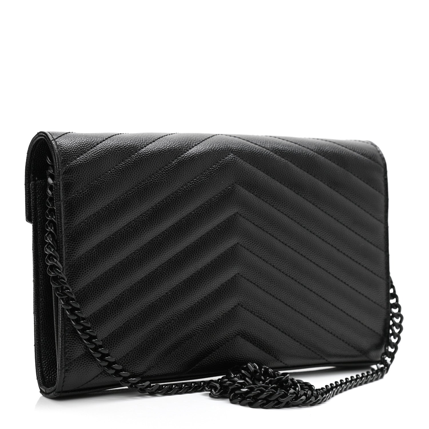 Saint Laurent Grain De Poudre Matelasse Chevron Monogram Chain Wallet Black 2 of 9