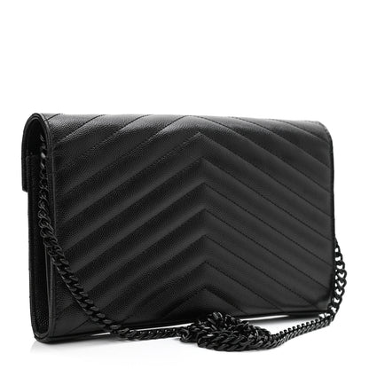 Saint Laurent Grain De Poudre Matelasse Chevron Monogram Chain Wallet Black 2 of 9