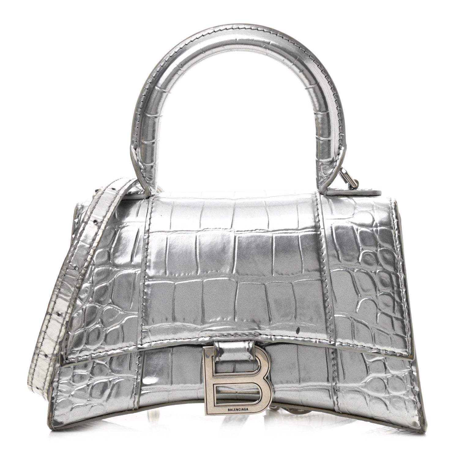 Balenciaga Metallic Calfskin Crocodile Embossed Hourglass Top Handle Bag XS Silver 1 of 13