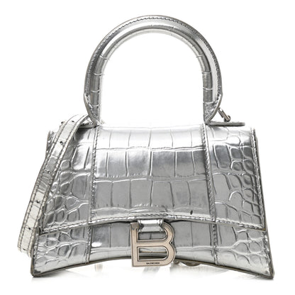Balenciaga Metallic Calfskin Crocodile Embossed Hourglass Top Handle Bag XS Silver 1 of 13