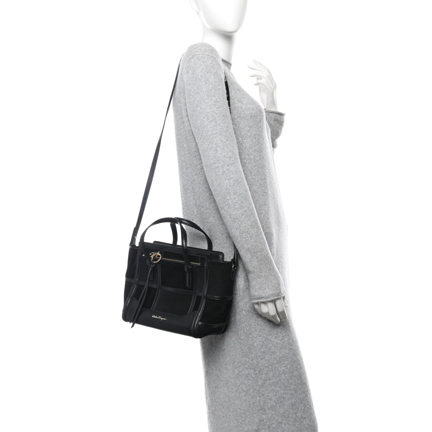 Calfskin Suede Patchwork Double Handle Small Amy Tote Black