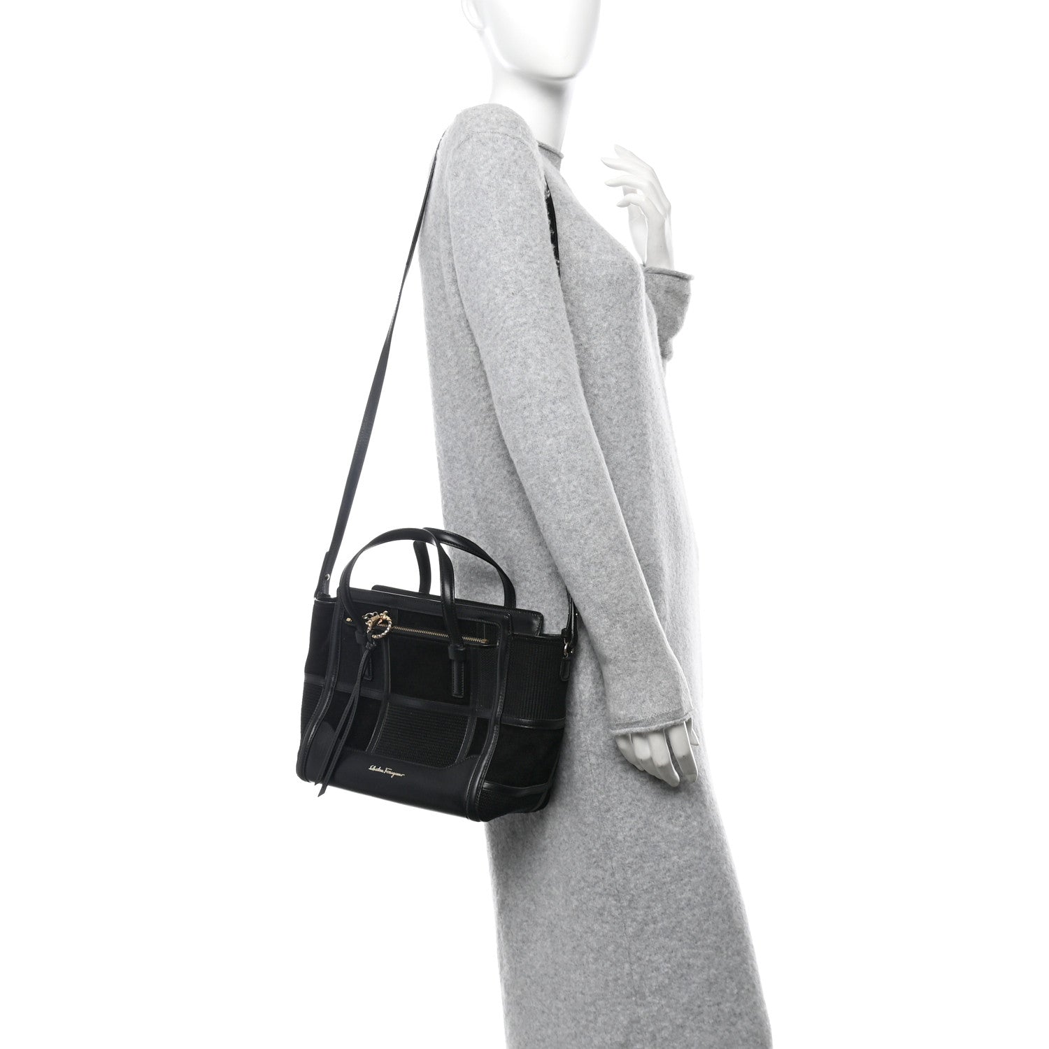 Salvatore Ferragamo Calfskin Suede Patchwork Double Handle Small Amy Tote Black 2 of 11