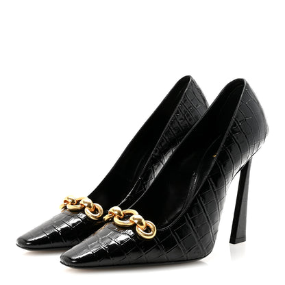 Saint Laurent Calfskin Crocodile Embossed Silvana 110mm Pumps 39.5 Black 4 of 10