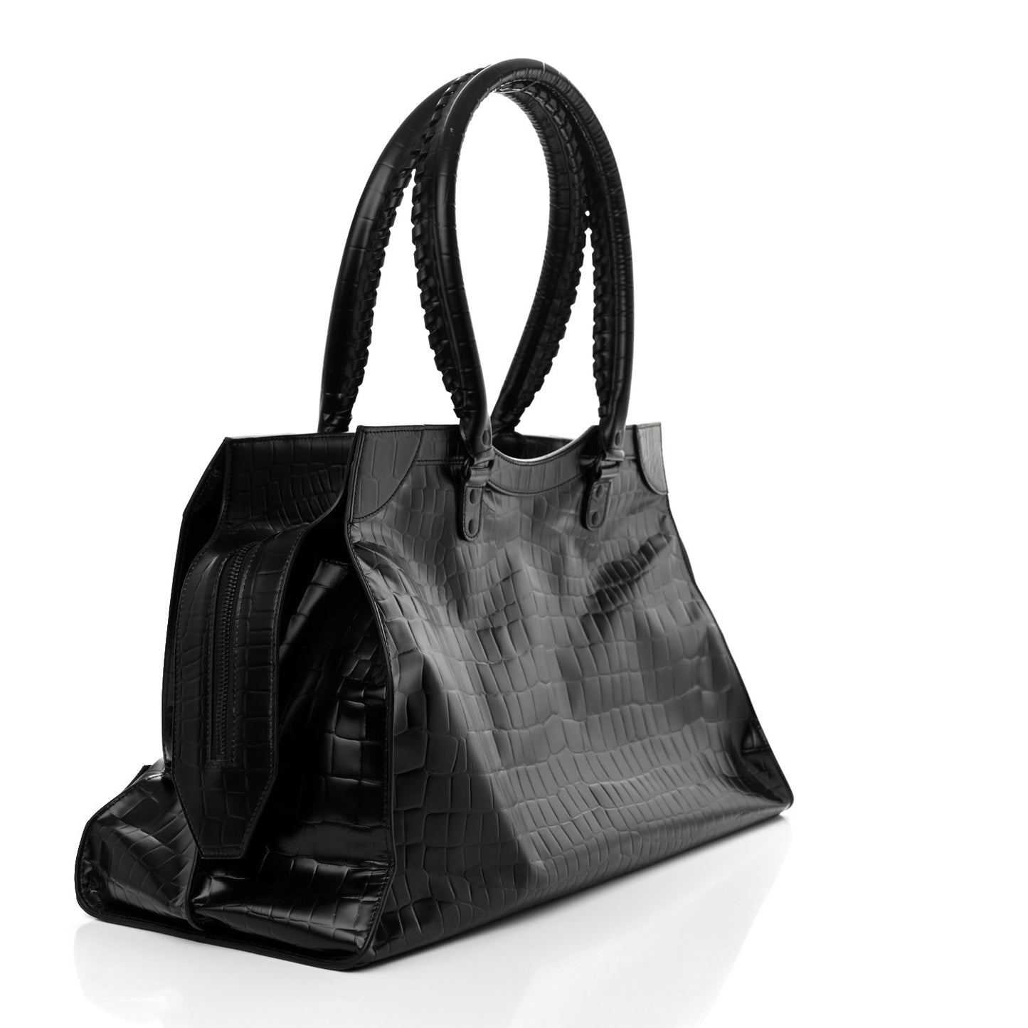 Semi Matte Calfskin Crocodile Embossed Neo Classic Black Hardware Large Top Handle Bag Black