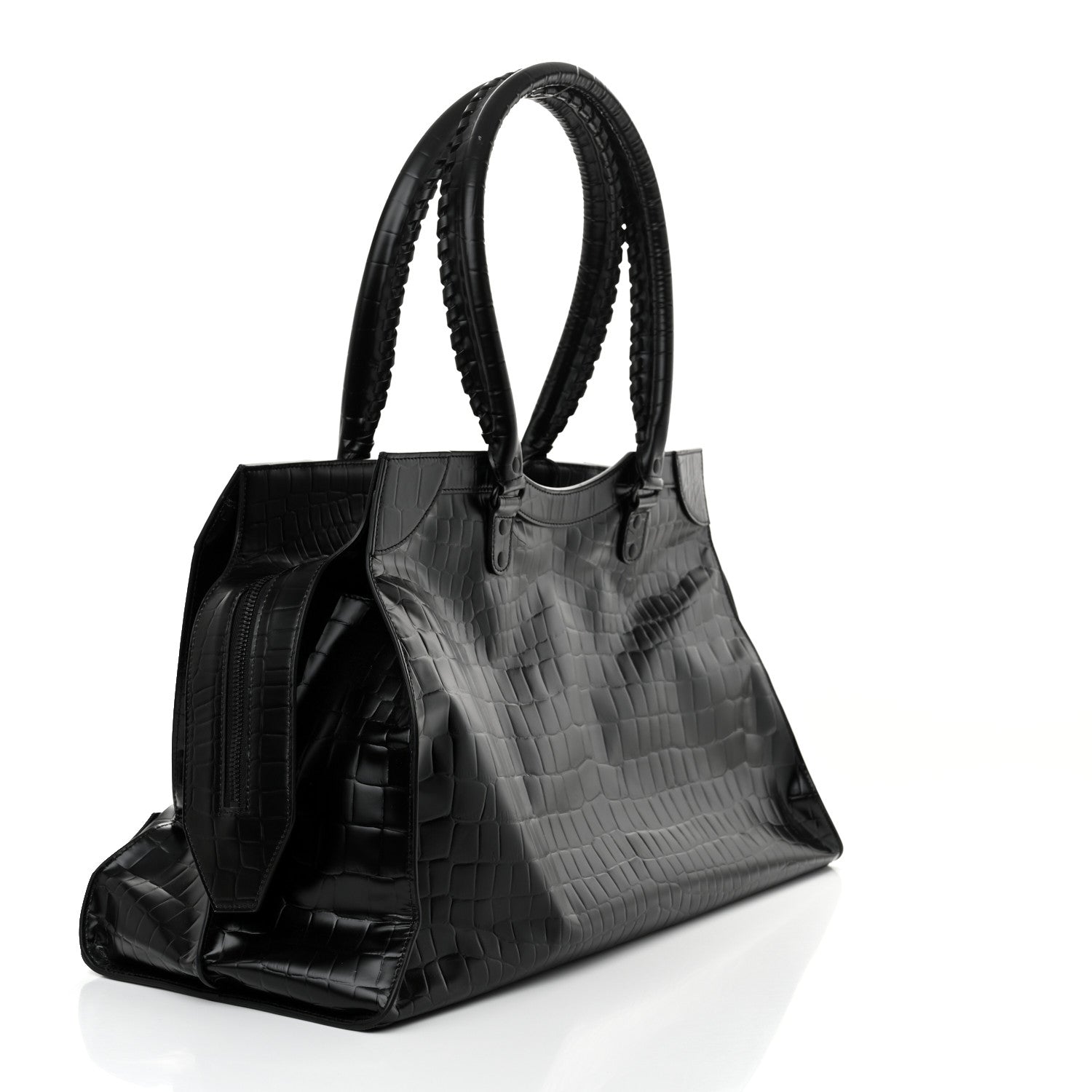 Balenciaga Semi Matte Calfskin Crocodile Embossed Neo Classic Black Hardware Large Top Handle Bag Black 3 of 14