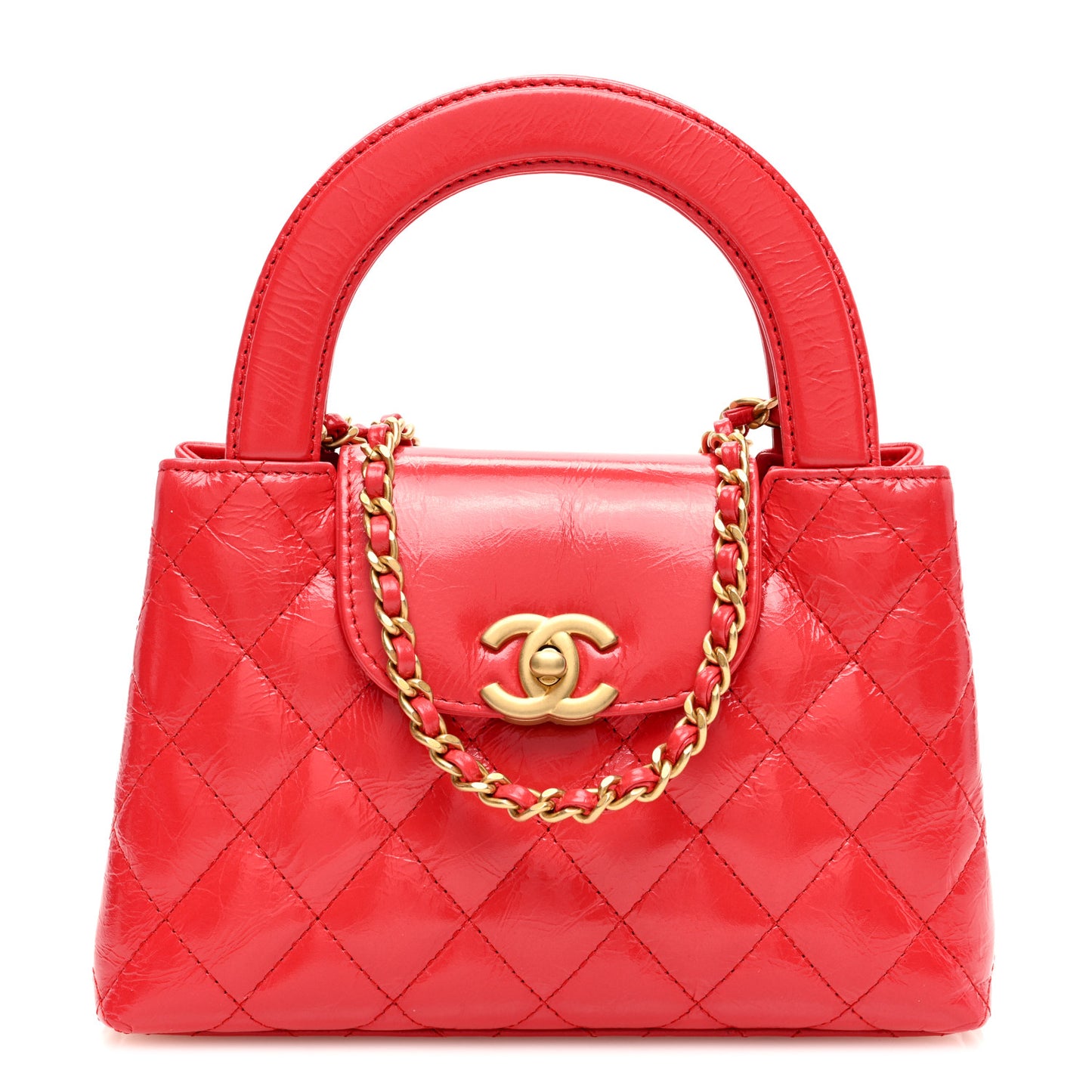 Shiny Aged Calfskin Quilted Nano Kelly Shopper Red