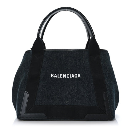 Balenciaga Denim Fabric Satin Calfskin S Navy Cabas Washed Black 1 of 12