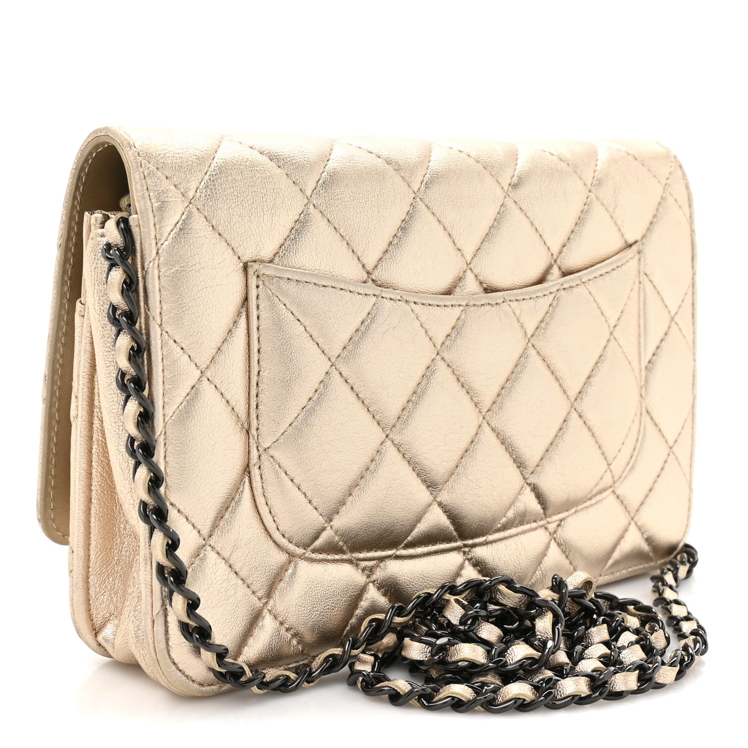 Chanel Metallic Lambskin Quilted Wallet On Chain WOC Gold Black 3 of 13