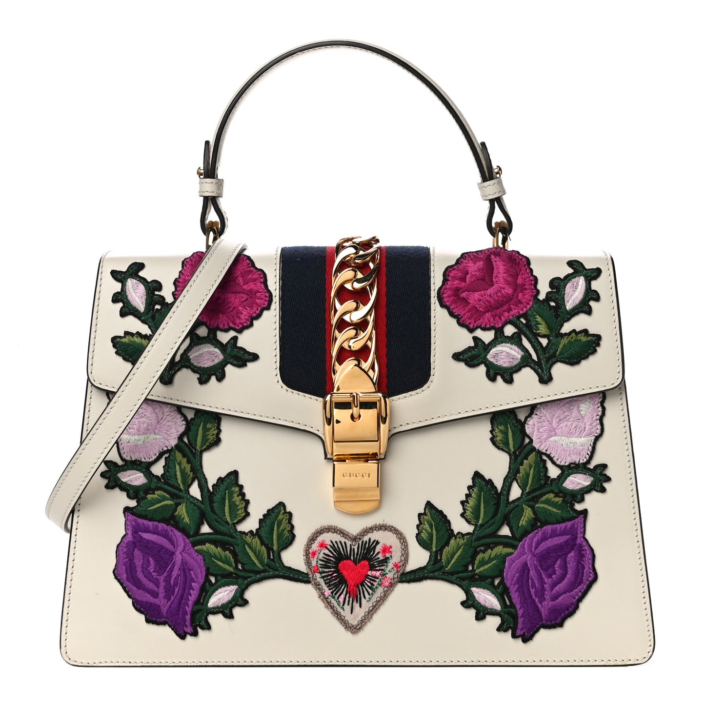 Calfskin Embroidered Medium Sylvie Top Handle Bag White