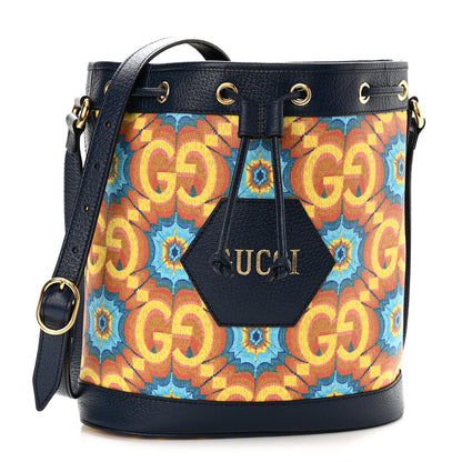 Gucci GG Supreme Kaleidoscope Calfskin Script Logo Gucci 100 Bucket Drawstring Bag Blue Orange Multicolor Blue Agata 1 of 11