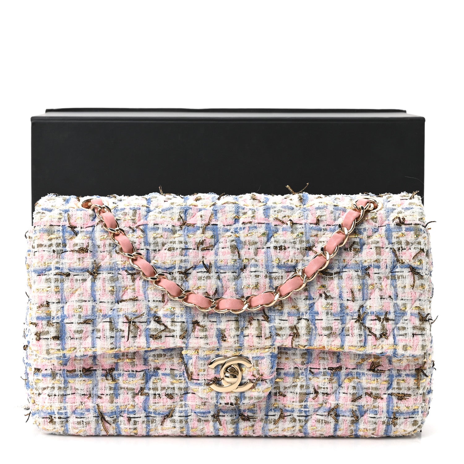 Chanel Tweed Quilted Medium Double Flap Blue Pink Gold White 11 of 11