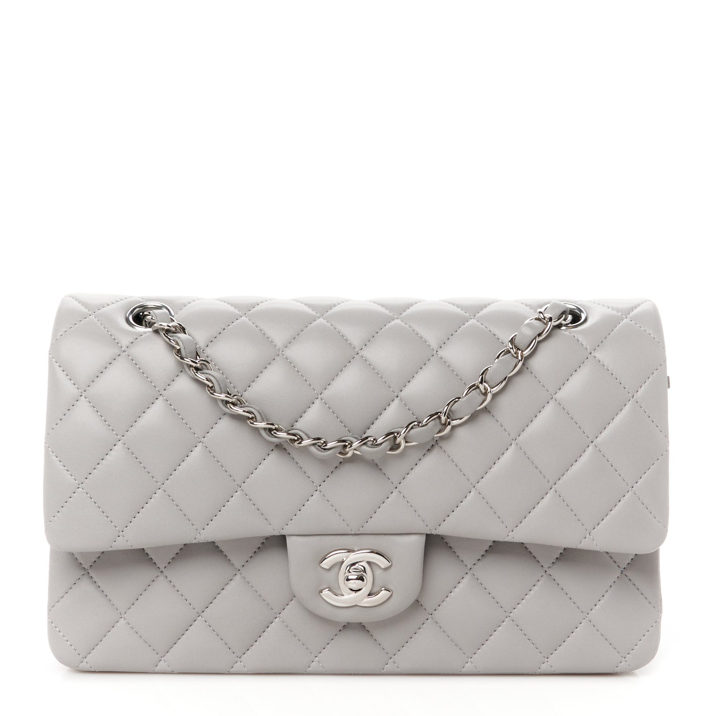 Lambskin Quilted Medium Double Flap Grey