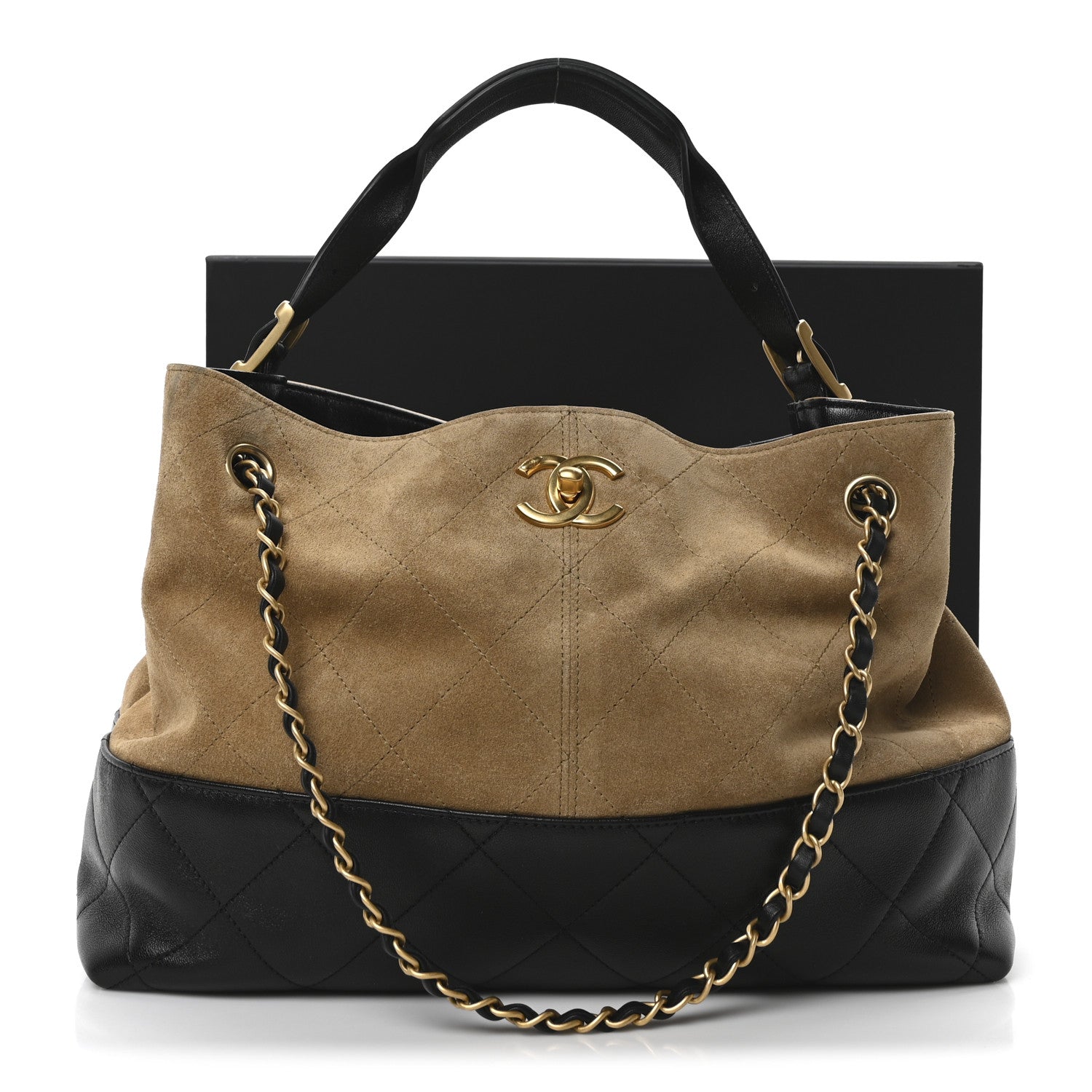 Chanel Suede Calfskin Shiny Lambskin Quilted Small Coco Base Shopping Bag Beige Black 11 of 11