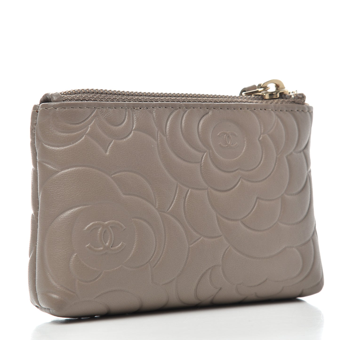 Lambskin Camellia Embossed Key Holder Case Beige