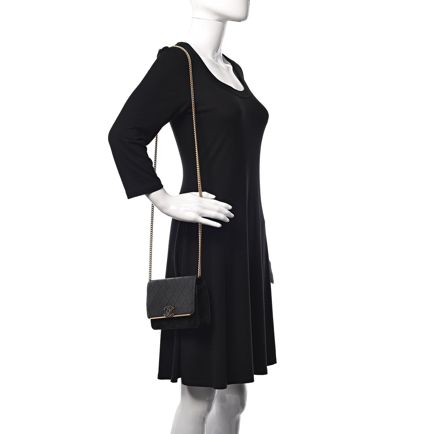 Caviar Suede Stitched Lady Coco Wallet On Chain WOC Black
