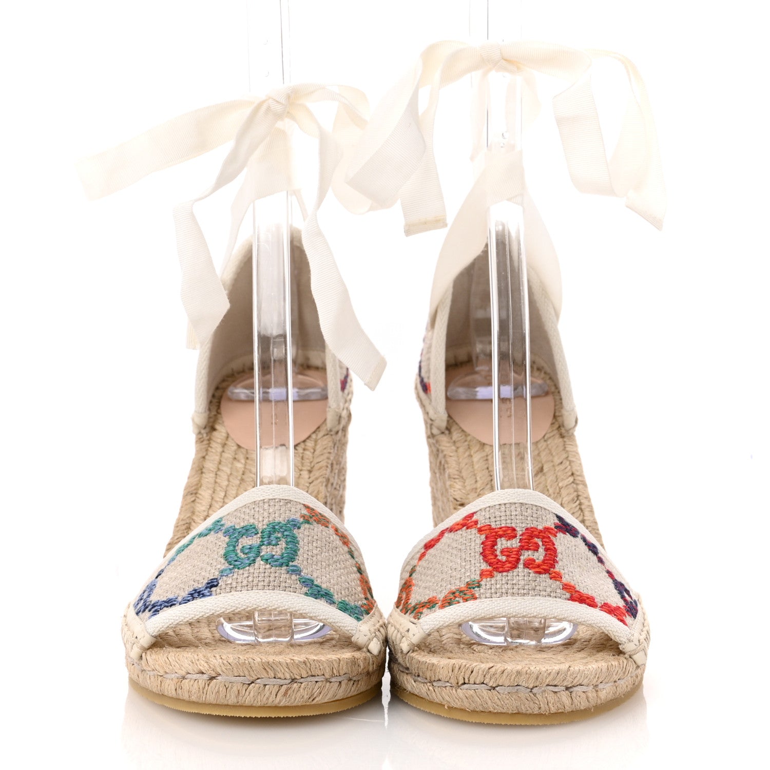 Gucci Linen Psychedelic Mini GG Monogram Ankle Wrap Platform Espadrille Wedge Sandals 36.5 Multicolor Mystic White 3 of 11