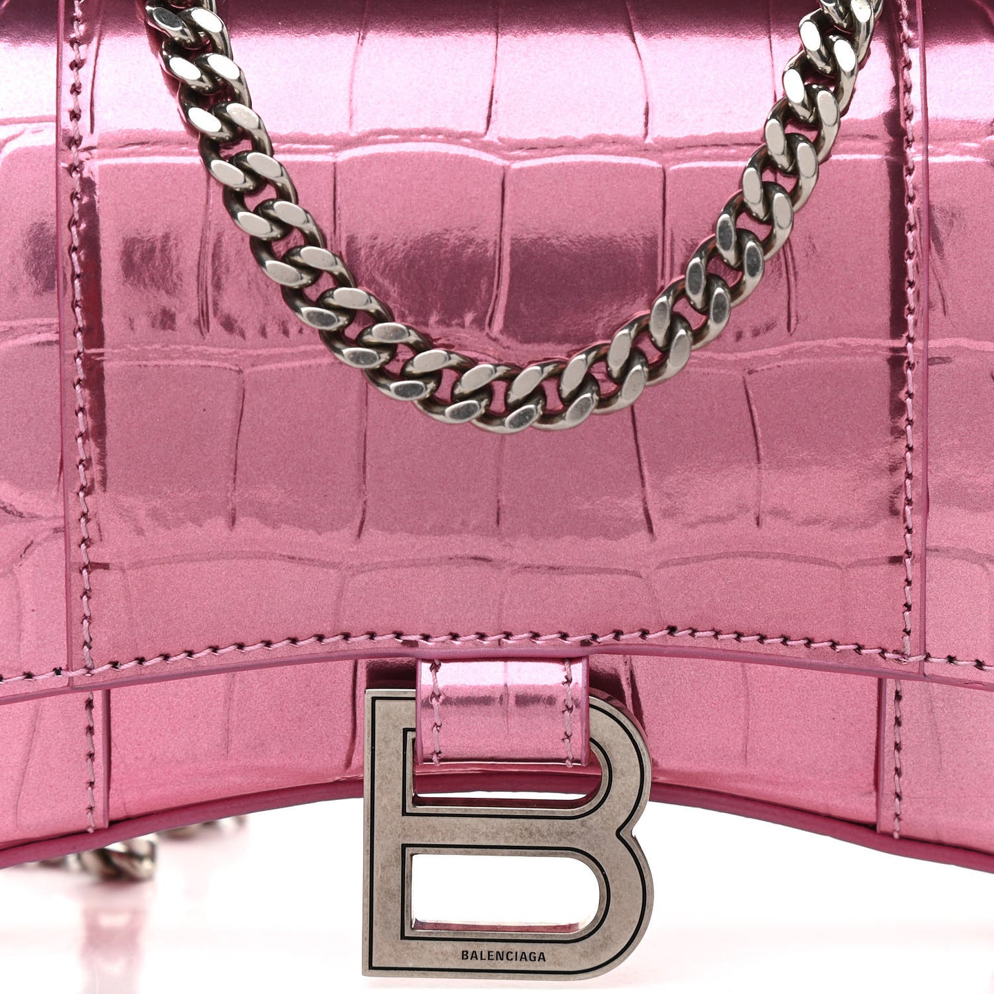 Metallic Shiny Calfskin Crocodile Embossed Hourglass Chain Bag Pink