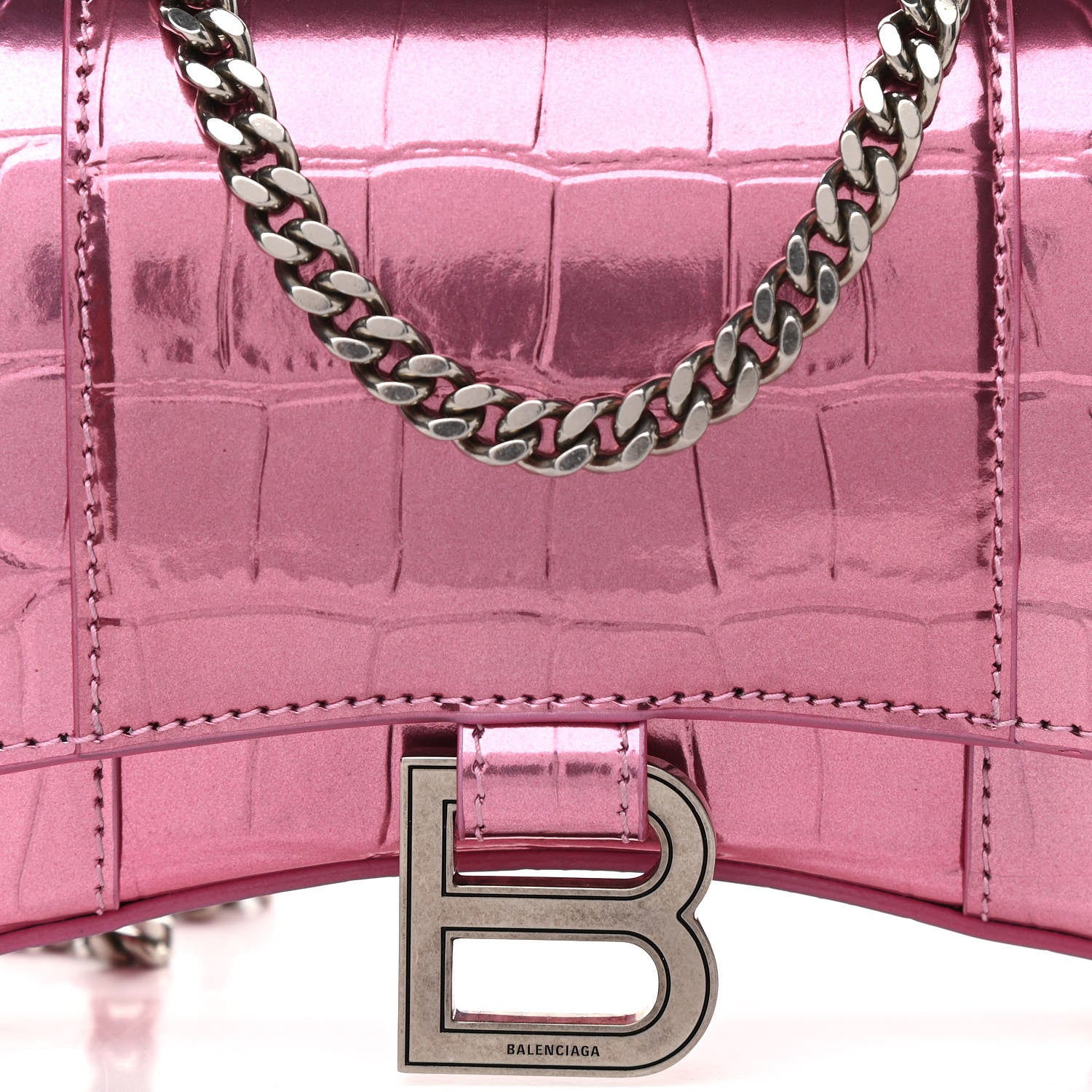 Balenciaga Metallic Shiny Calfskin Crocodile Embossed Hourglass Chain Bag Pink 7 of 9