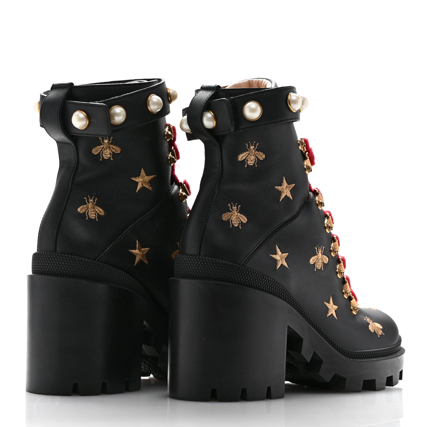 Calfskin Embroidered Lace Up Combat Ankle Boots 37 Black