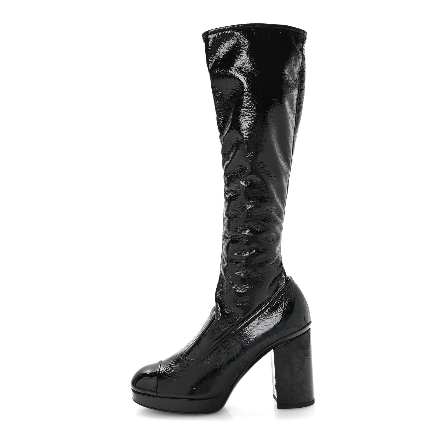 Chanel Crumpled Patent High Boots 38.5 Black 1 of 8