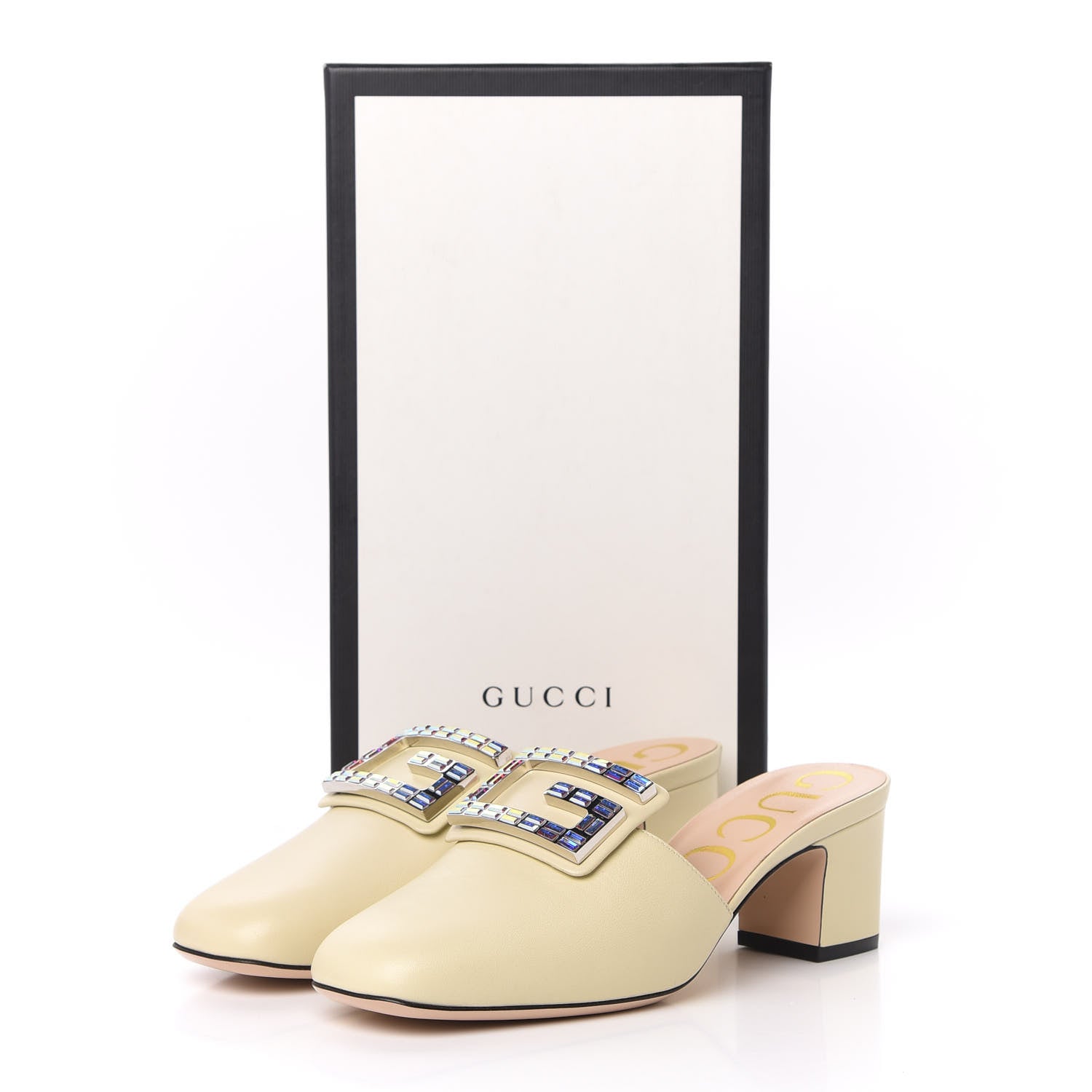 Gucci Malaga Kid Crystal Square G Madelyn Mules 37.5 Vintage White 9 of 9