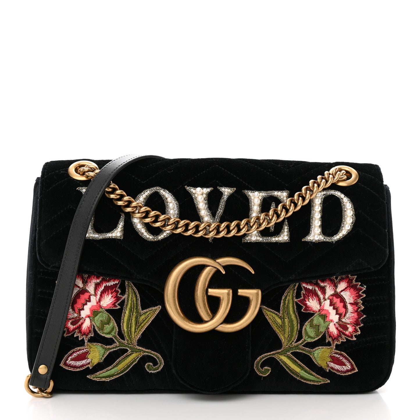 Velvet Matelasse Loved Embroidered Medium GG Marmont Shoulder Bag Black