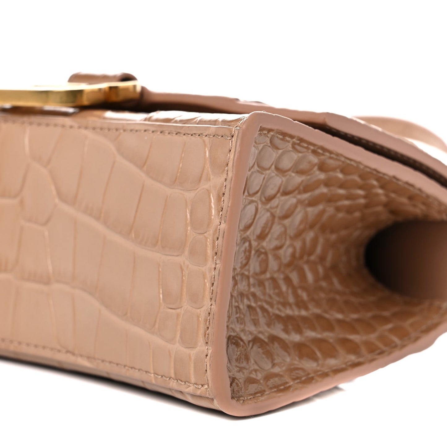 Shiny Calfskin Crocodile Embossed Hourglass Top Handle Bag XS Nude Beige