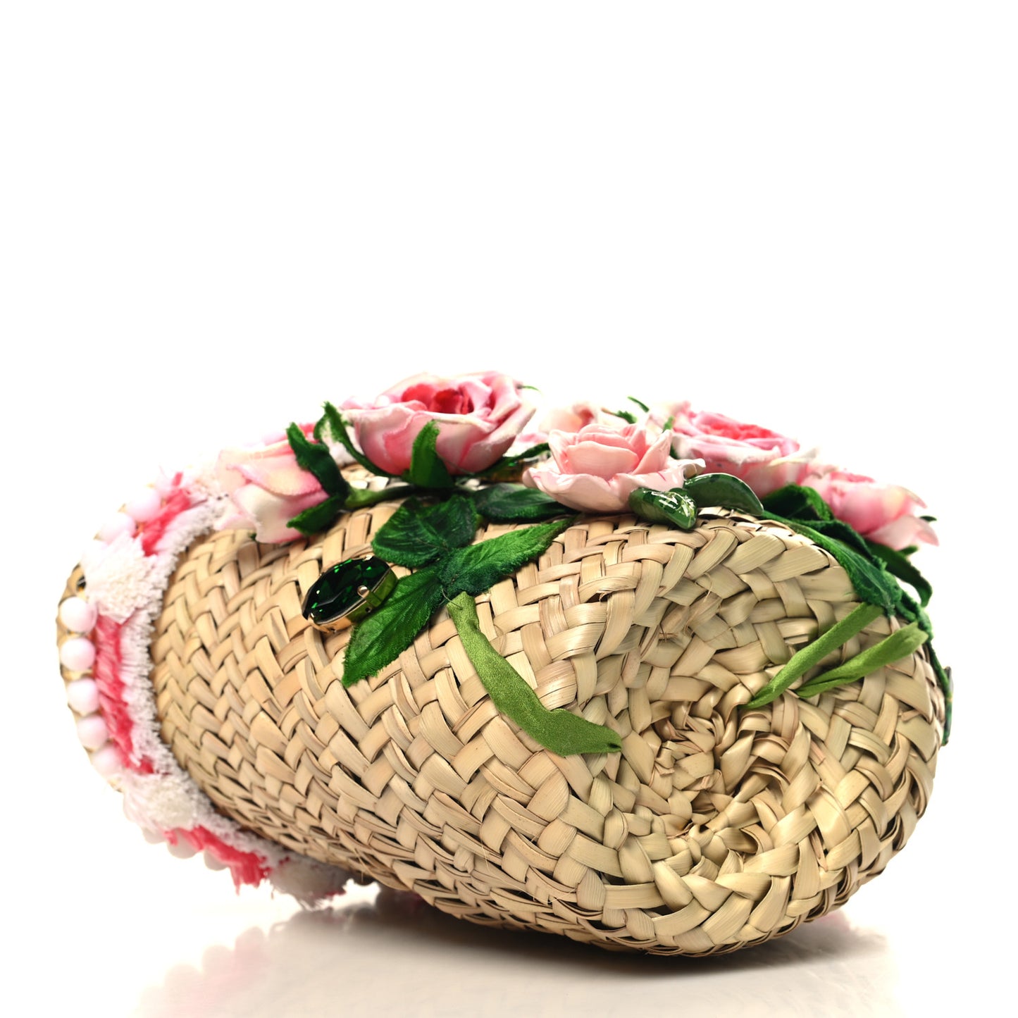 Woven Raffia Calfskin Rose Embellished Mini Kendra Tote Pink Multicolor