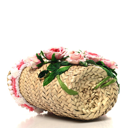 Dolce & Gabbana Woven Raffia Calfskin Rose Embellished Mini Kendra Tote Pink Multicolor 4 of 9
