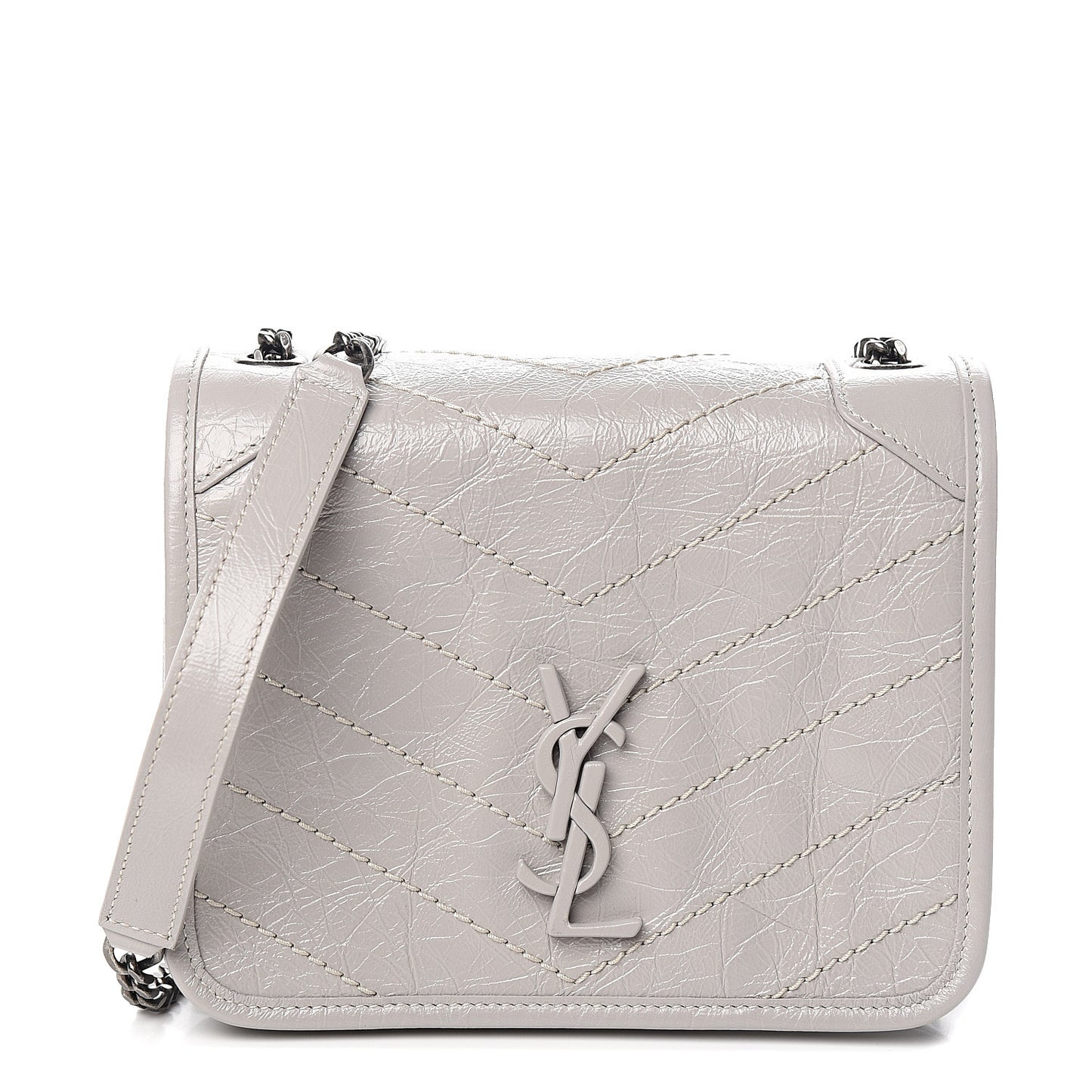 Crinkled Calfskin Matelasse Monogram Niki Chain Wallet Light Grey