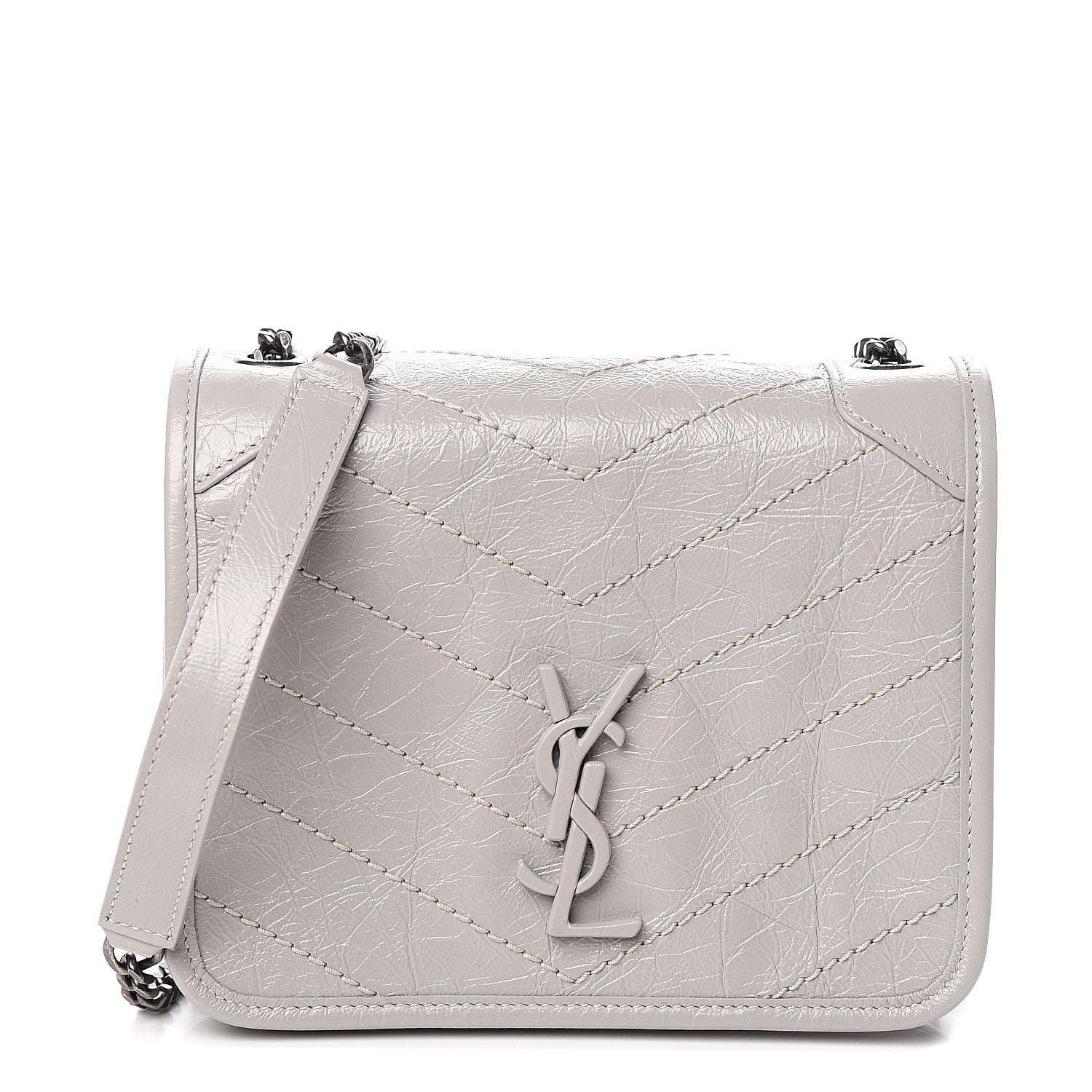 Saint Laurent Crinkled Calfskin Matelasse Monogram Niki Chain Wallet Light Grey 1 of 9
