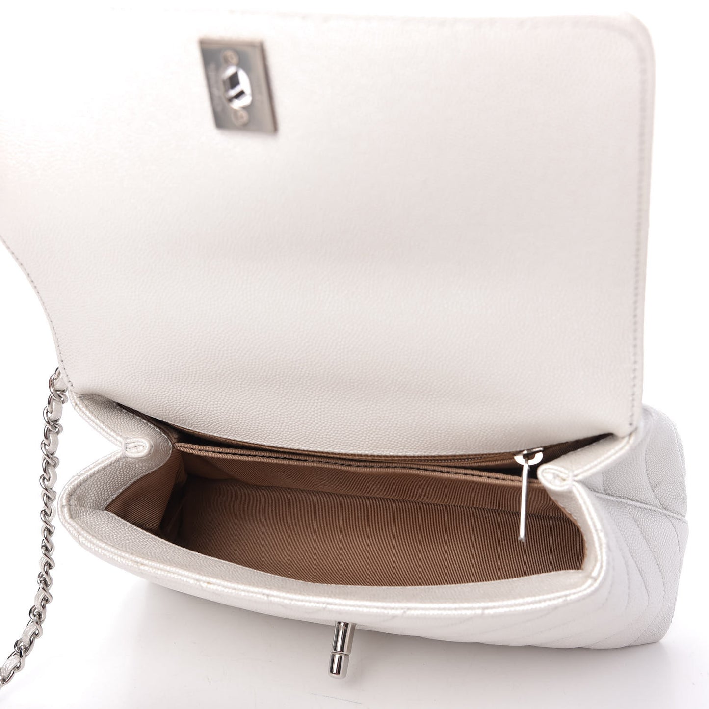 Iridescent Caviar Chevron Quilted Mini Coco Handle Flap White