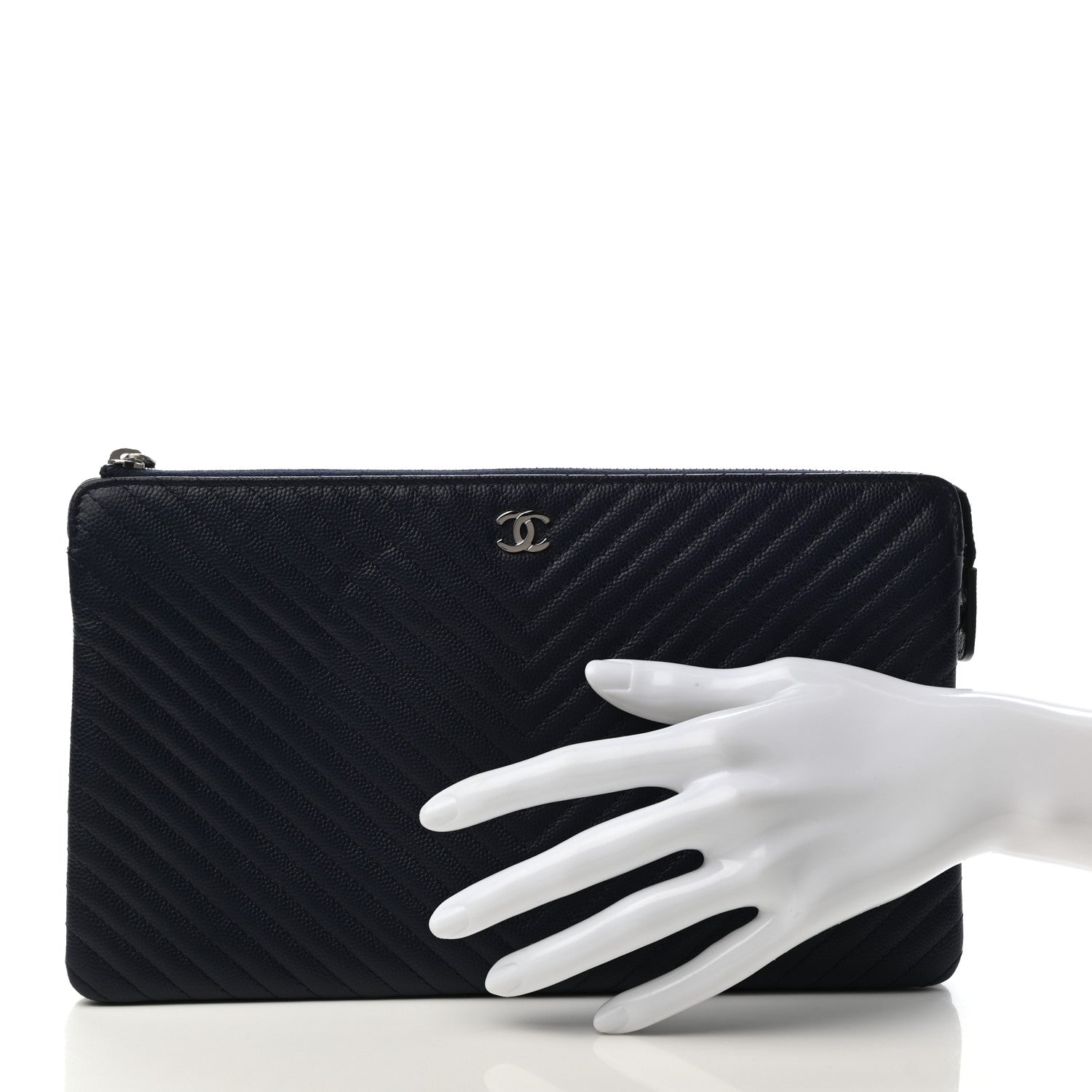 Chanel Caviar Chevron Quilted Small Zipped Pouch Navy 2 of 8