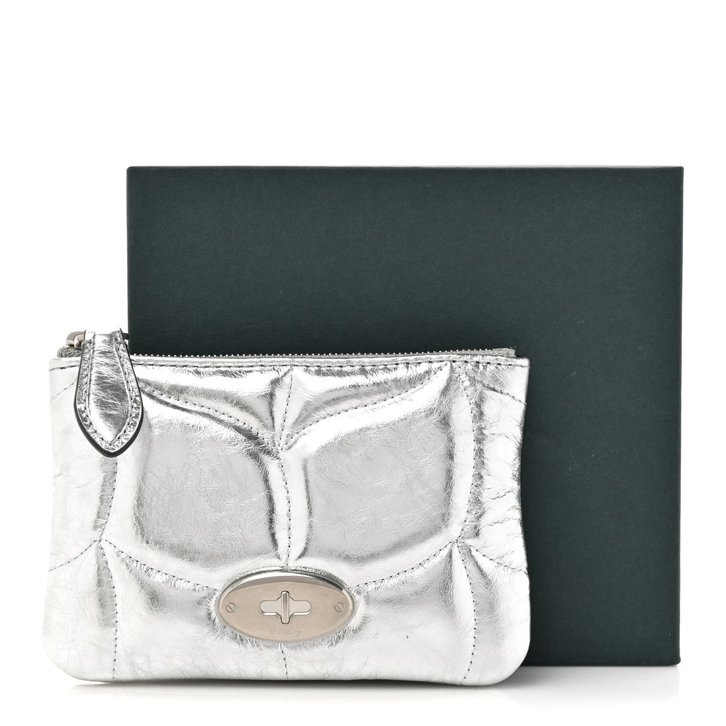 Metallic Crinkled Calfskin Softie Zip Coin Pouch Silver