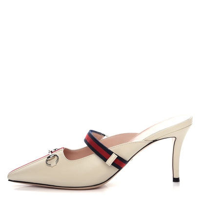 Gucci Malaga Kid Sylvie Web Cross Strap Mid-Heel Slides 39 Vintage White 1 of 11