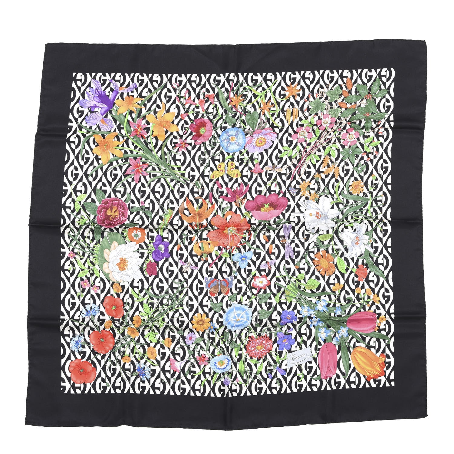 Gucci Silk Rhombus Flora Scarf Black Multicolor 1 of 4
