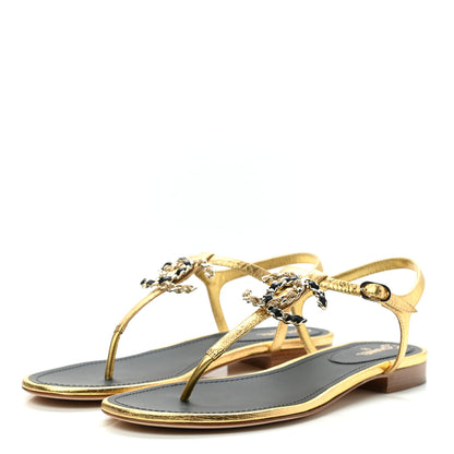Chanel Laminated Lambskin CC Charm Thong Sandals 40 Gold 3 of 8