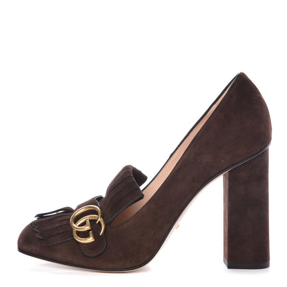 Gucci Kid Scamosciato GG Marmont Fringe 105mm Loafer Pumps 42 Cocoa 1 of 9