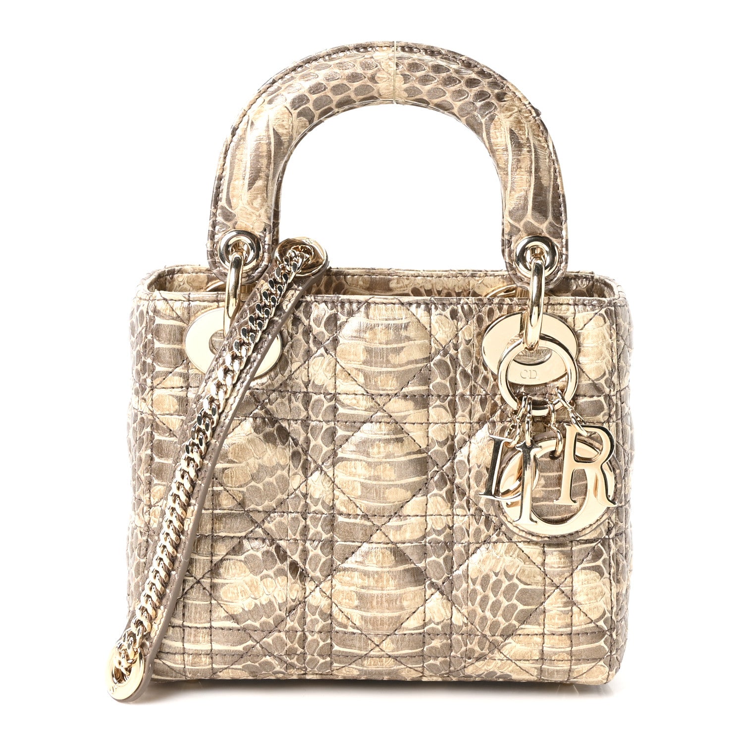 Christian Dior Metallic Snakeskin Cannage Mini Lady Dior Beige 1 of 10