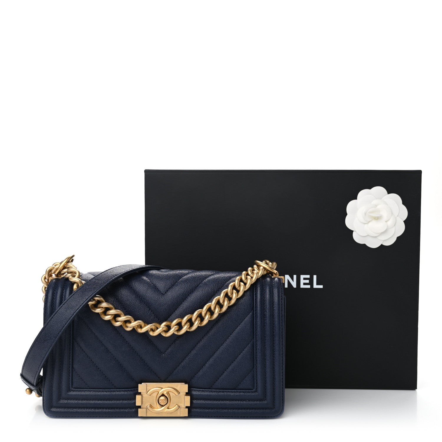 Chanel Caviar Chevron Quilted Medium Boy Flap Navy 10 of 10