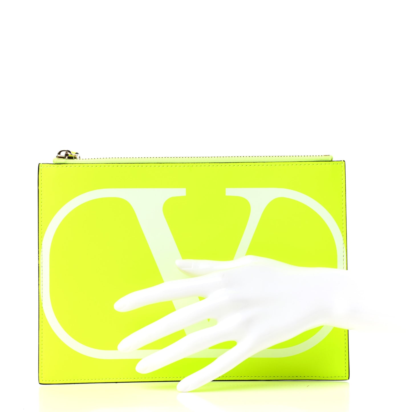 Calfskin Large VLogo Flat Zip Pouch Lime White