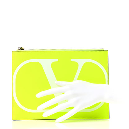 Valentino Garavani Calfskin Large VLogo Flat Zip Pouch Lime White 2 of 7