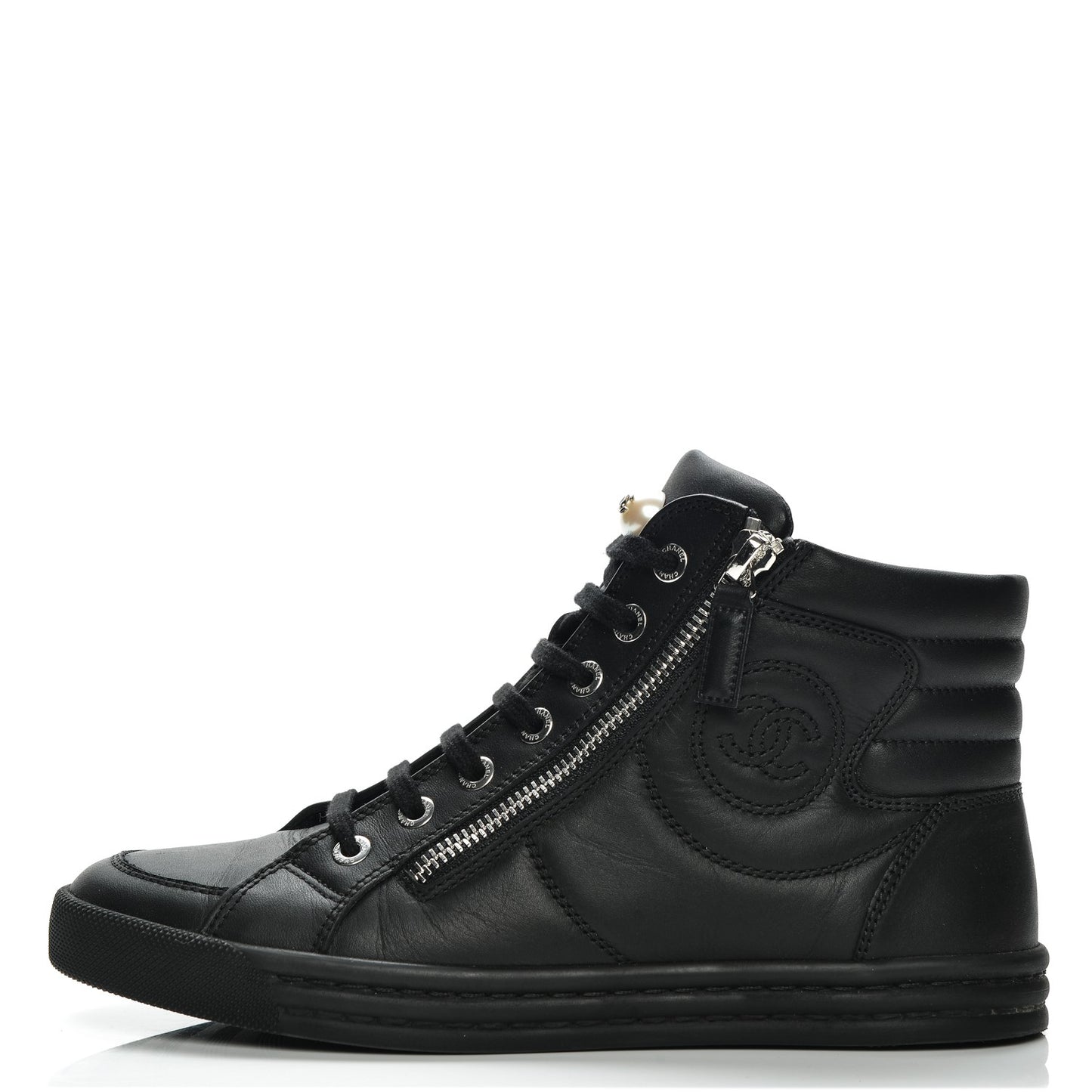 Calfskin Pearl High Top CC Sneakers 36 Black