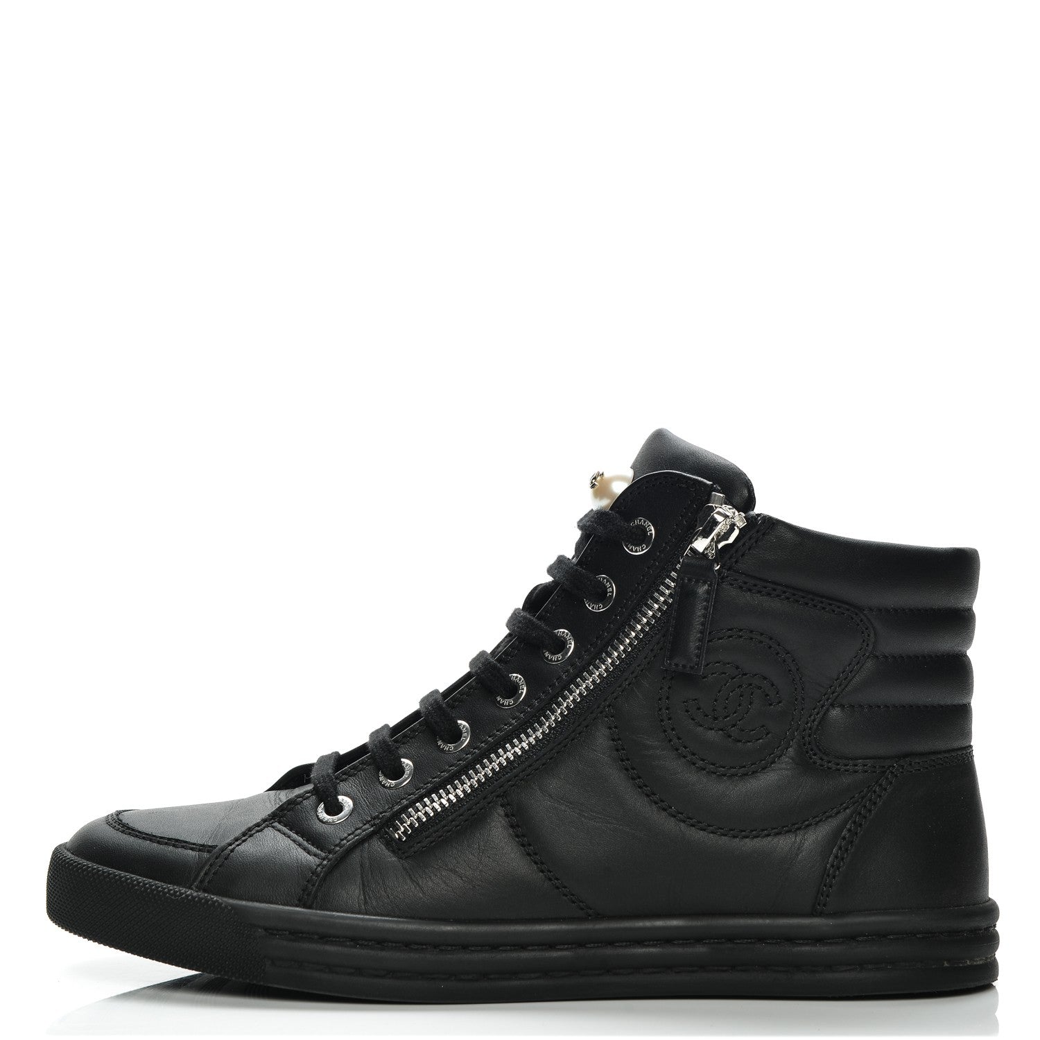 Chanel Calfskin Pearl High Top CC Sneakers 36 Black 1 of 8