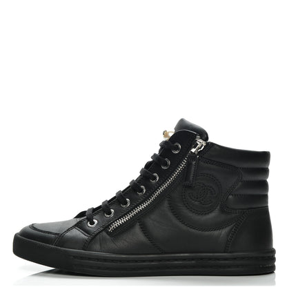 Chanel Calfskin Pearl High Top CC Sneakers 36 Black 1 of 8