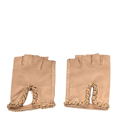 Chanel Lambskin Perforated Fingerless Chain CC Gloves 7 Beige 1 of 4