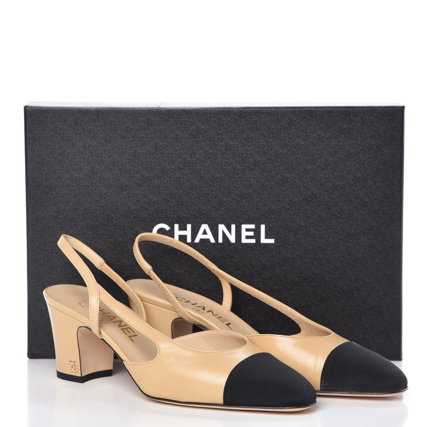 Goatskin Grosgrain Cap Toe CC Slingback Pumps 37 Beige Black
