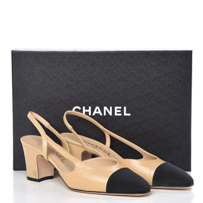 Chanel Goatskin Grosgrain Cap Toe CC Slingback Pumps 37 Beige Black 9 of 9